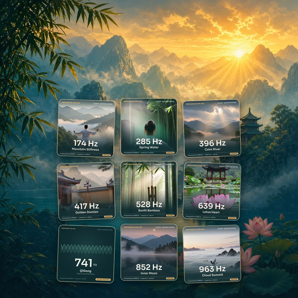 Las portadas de las nueve piezas de QiGong Waves sobre montañas entre la niebla al amanecer, con un templo y flores de loto