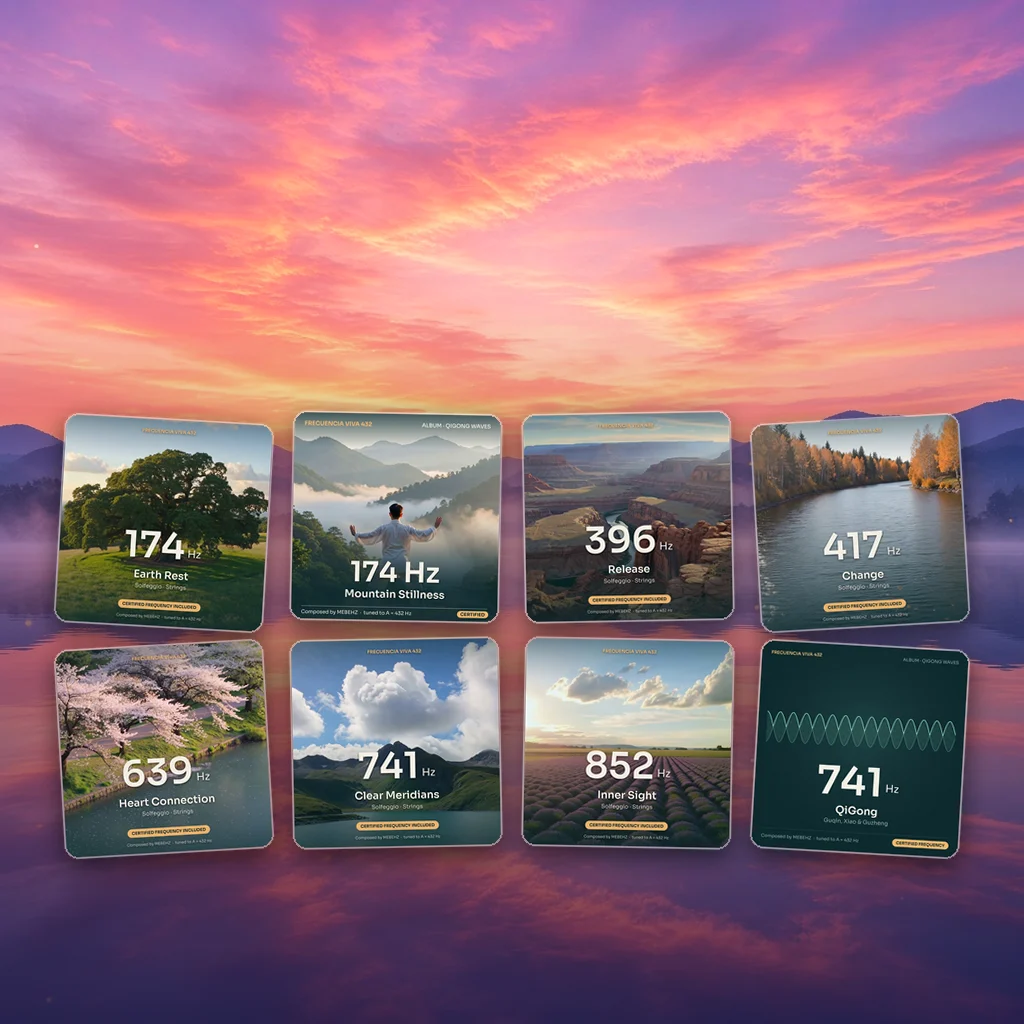 A calm lake at sunset under a pink and violet sky, with the covers of the eight pieces in the pack